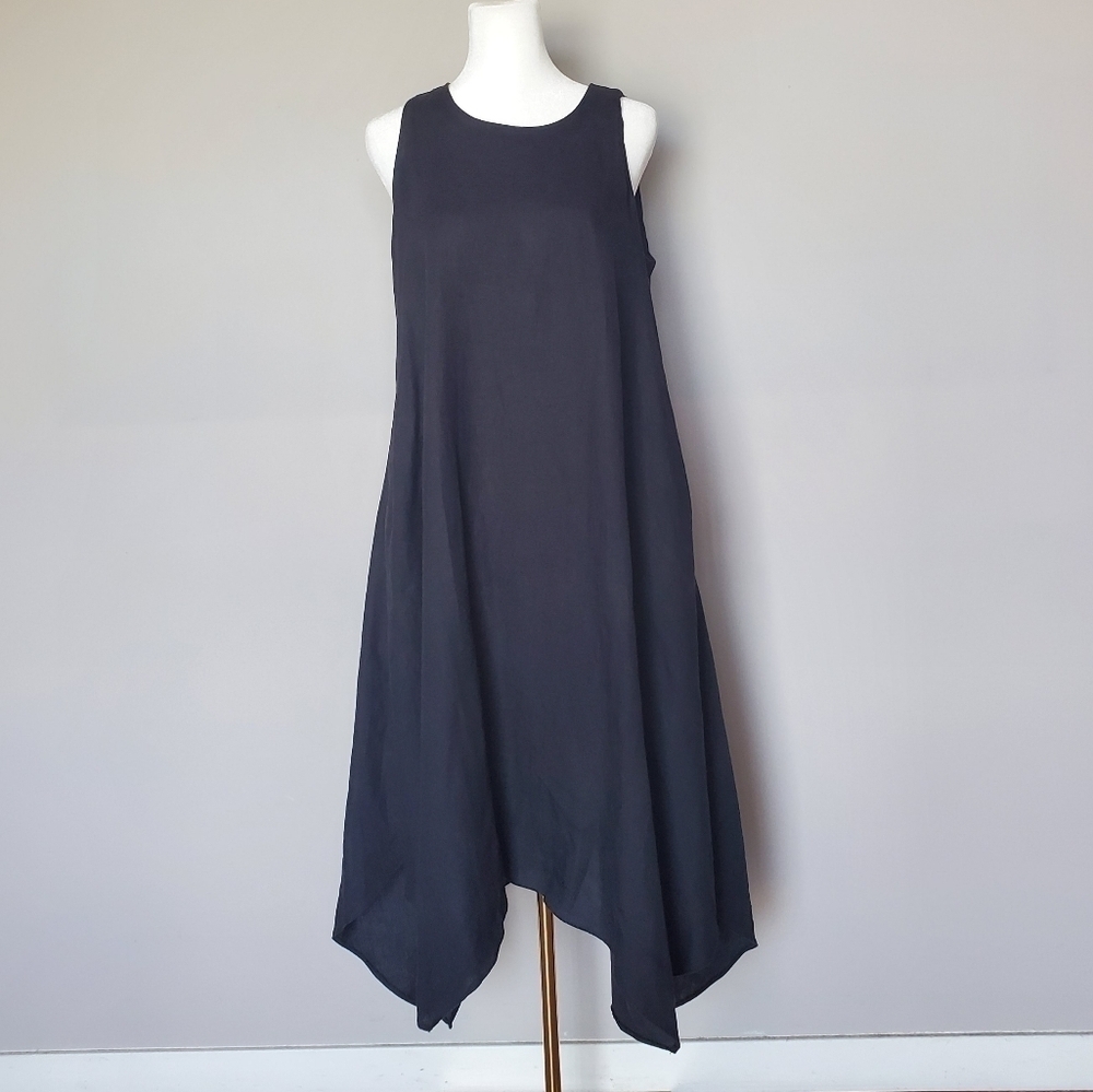 adL Black Lagenlook Boho Handkerchief Hem Linen Midi Dress Women's Size XS